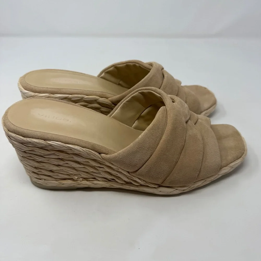 Vince Tan Suede Braided Raffia Wedge Sandals Espadrille Mules Made in Spain 11M